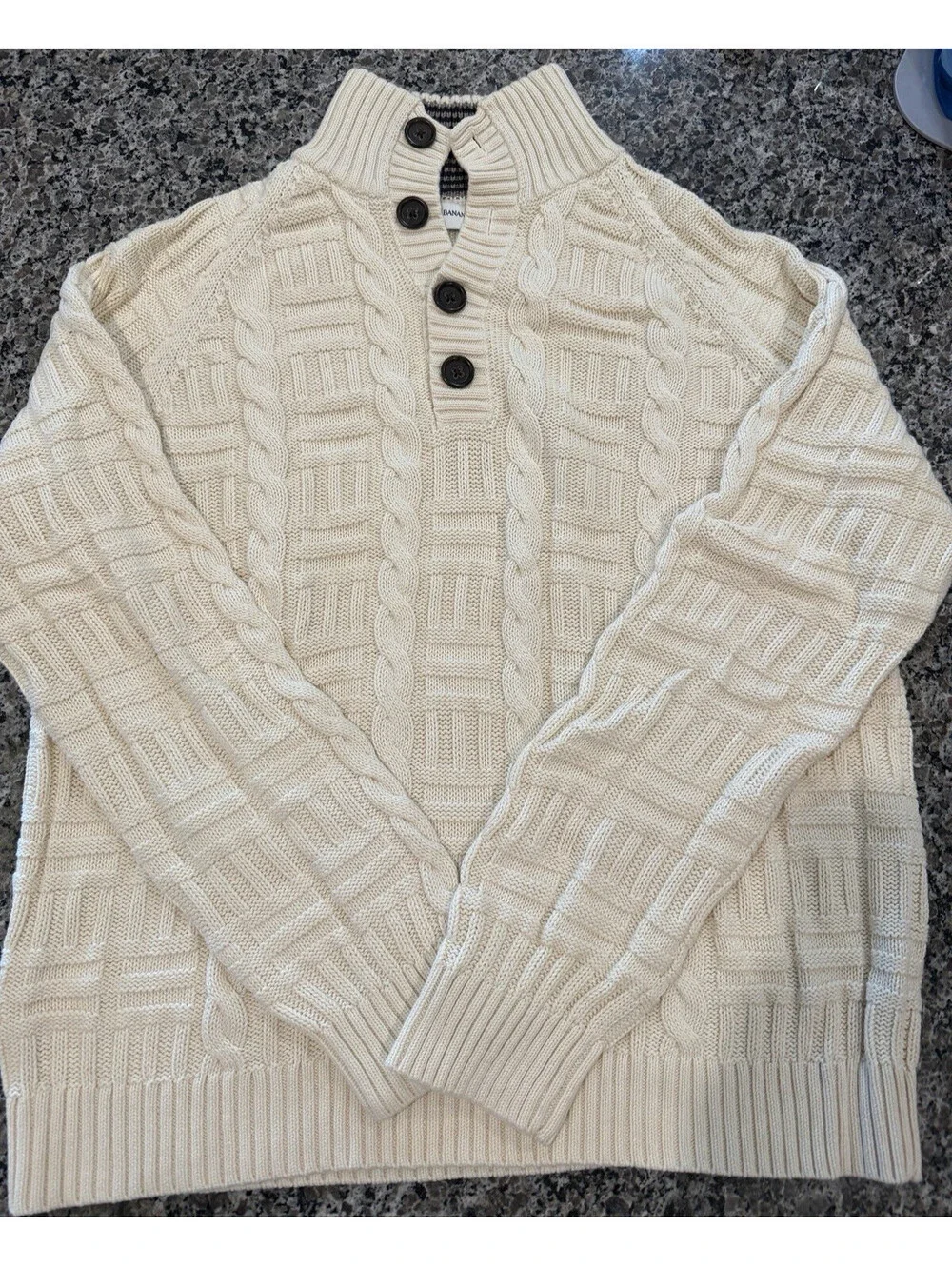 Banana Republic Men's L Cable Knit Sweater Ivory 100% Cotton Button Mock Neck